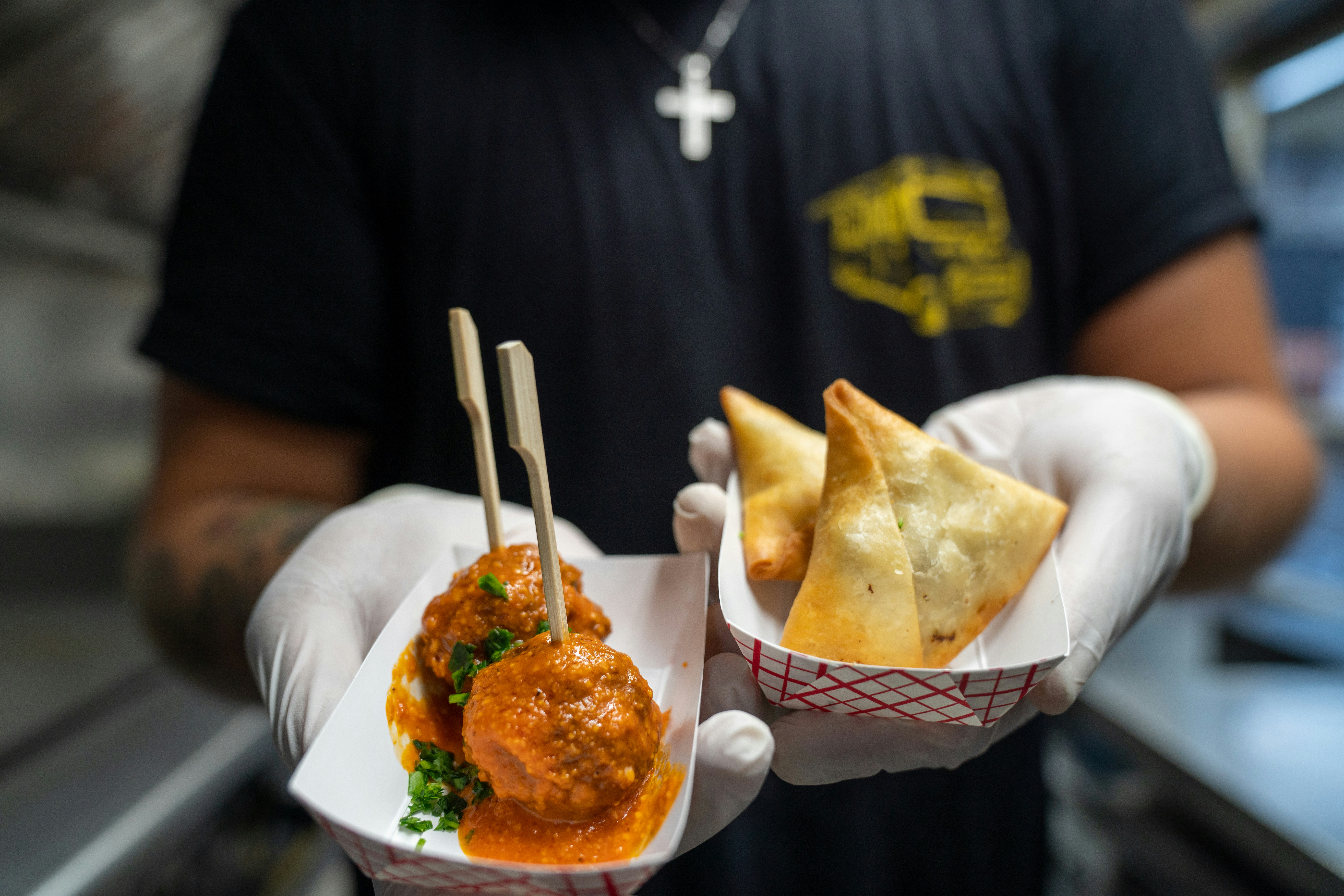 Food handed out from a food vendor. 